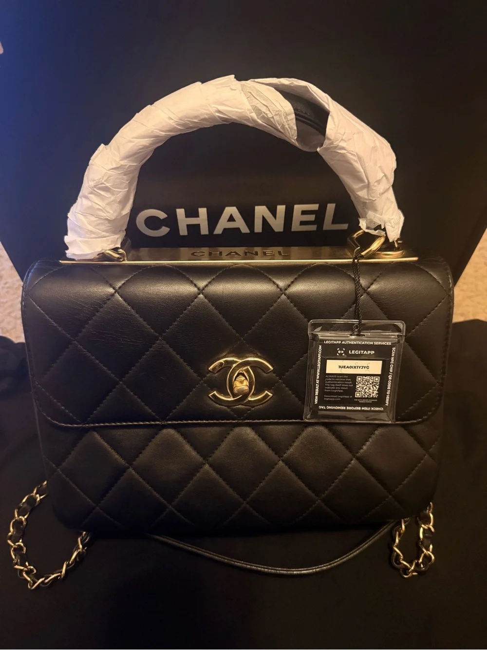 New CHANEL Black Quilted Leather Mini Top Handle Bag with Gold Hardware